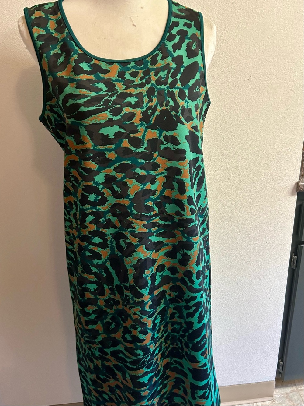 Chico's Green and Black leopard -Print Midi Dress with Brown Accent